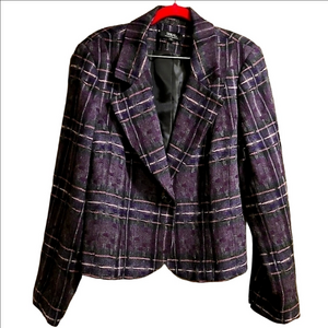 Tribal Wool Striped Blazer Button Front Tweed Purple Black Size 14